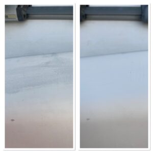 Jen’s before and after having lightly sanded the deck