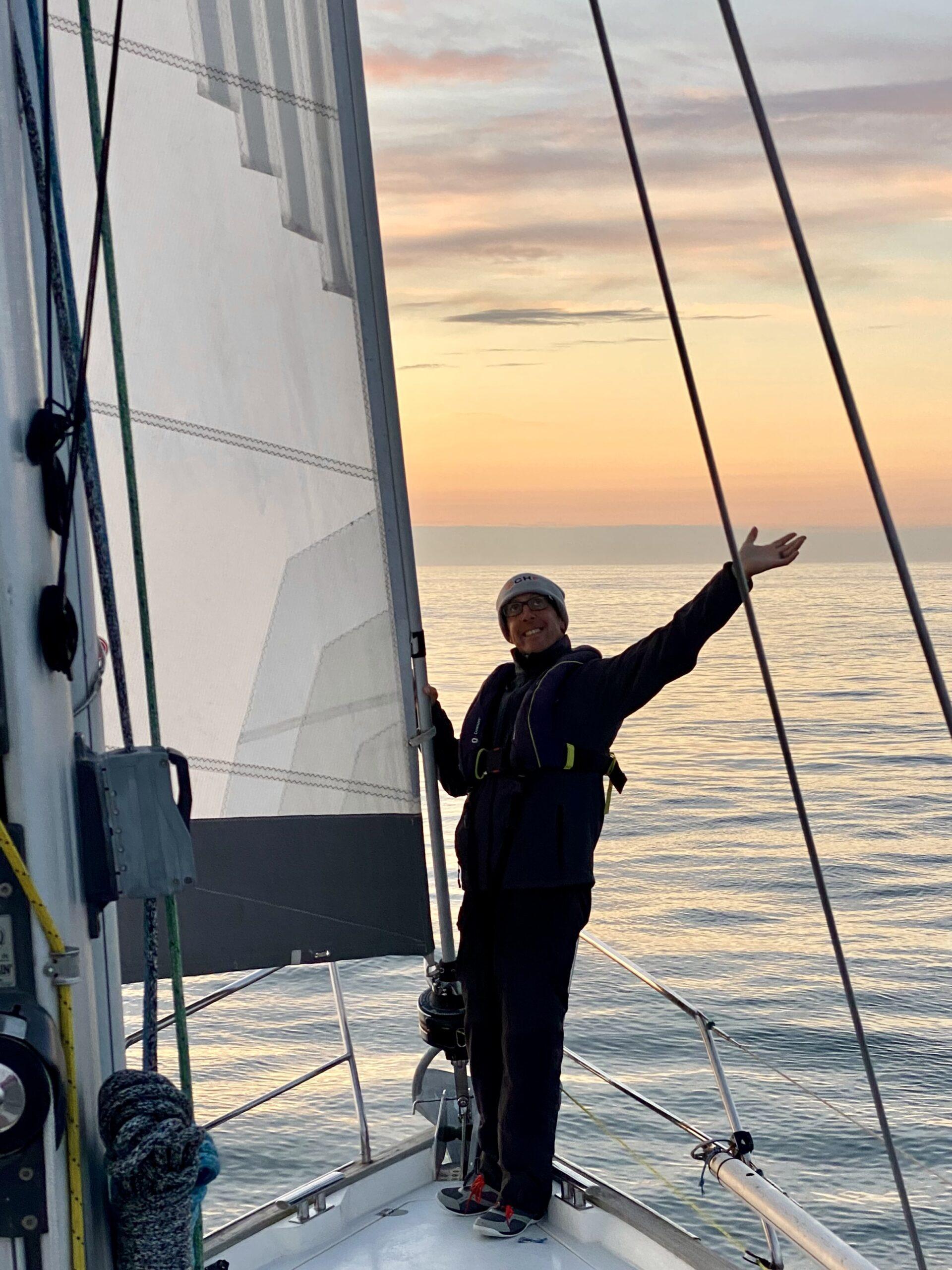 Checking forward as the sun sets