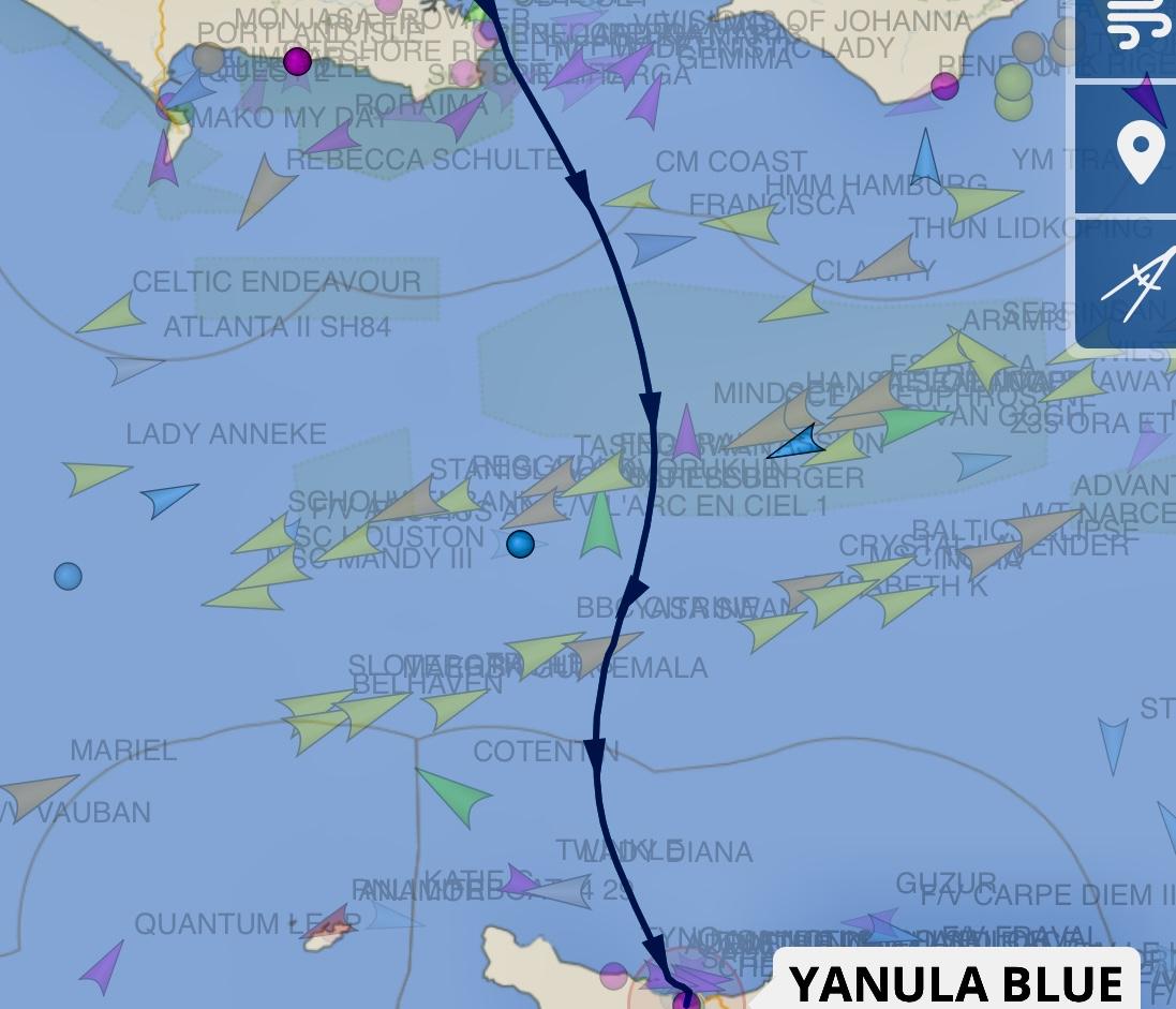Our track across the channel. The curve is the effect of the tide. 