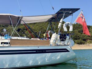 Yanula Blue solar arch emblazoned with all her paraphernalia