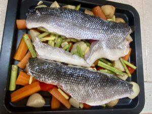 Sea bass prepped for the oven
